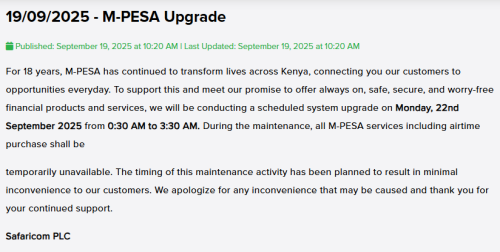 Press release by M-Pesa on Friday announcing the scheduled system upgrade. PHOTO/Screengrab by People Daily Digital