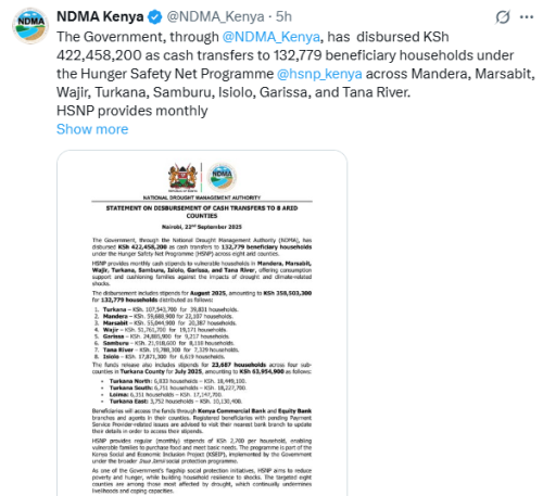 X post by the National Drought Management Authority. PHOTO/Screengrab by People Daily Digital