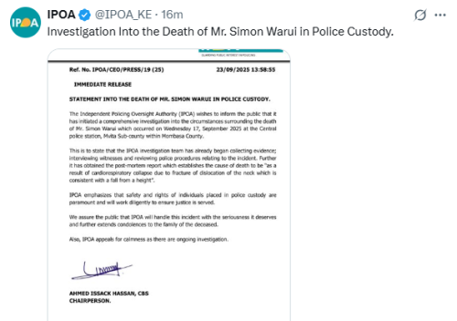 X post by IPOA. PHOTO/Screengrab by People Daily Digital
