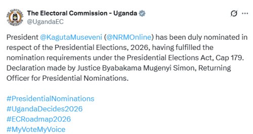 X post by the Electoral Commission - Uganda. PHOTO/Screengrab by People Daily Digital