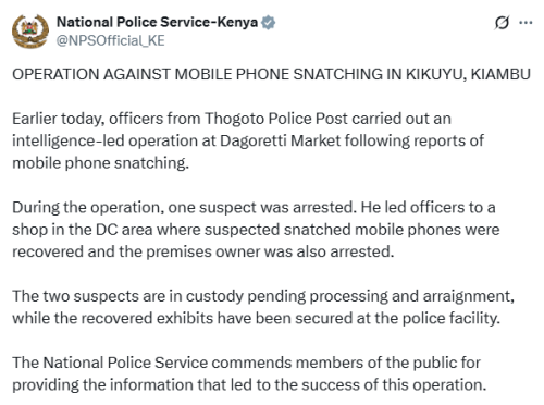 X post by National Police Service. PHOTO/Screengrab by People Daily Digital.