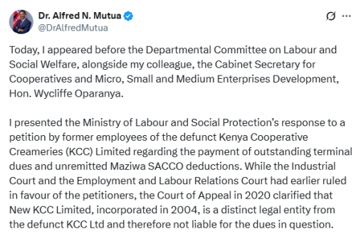 X post by Alfred Mutua. PHOTO/Screengrab by People Daily Digital