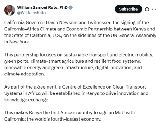 X post by William Ruto. PHOTO/Screengrab by People Daily Digital