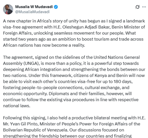 X post by Musalia Mudavadi. PHOTO/Screengrab by People Daily Digital