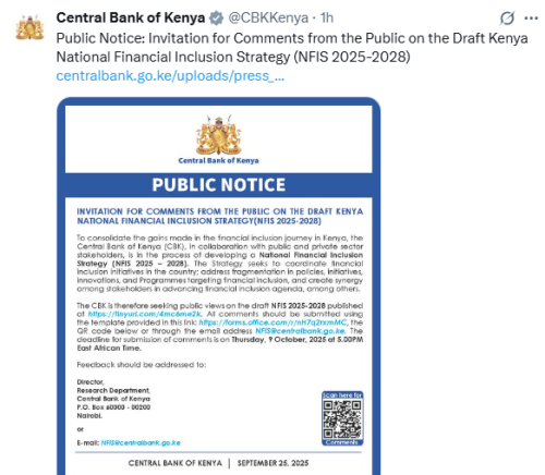 X post by CBK. PHOTO/Screengrab by People Daily Digital