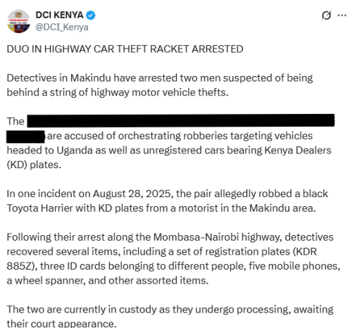 X post by the DCI. PHOTO/Screengrab by People Daily Digital