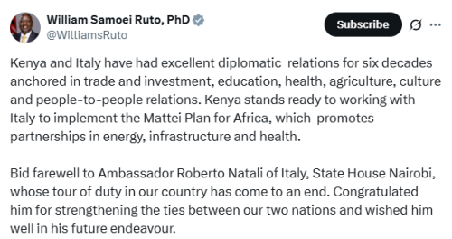 X post by William Ruto. PHOTO/Screengrab by People Daily Digital