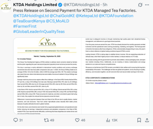 X post by KTDA Holdlings Ltd. PHOTO/Screengrab by People Daily Digital