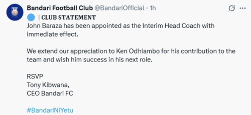 Statement by Bandari FC. PHOTO/Screengrab by People Daily Digital
