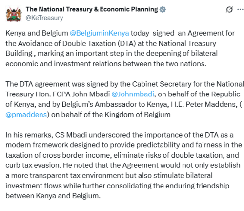 X post by the National Treasury. PHOTO/Screengrab by People Daily Digital