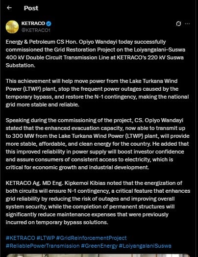 Part of the statement from KETRACO on Saturday September 27, 2025. PHOTO/ Screengrab by PD Digital/@KETRACO1/X