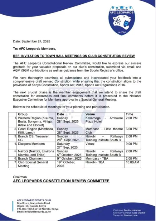 AFC Leopards statement on constitution review released on Wednesday, September 23, 2025. PHOTO/ AFC Leopards SC