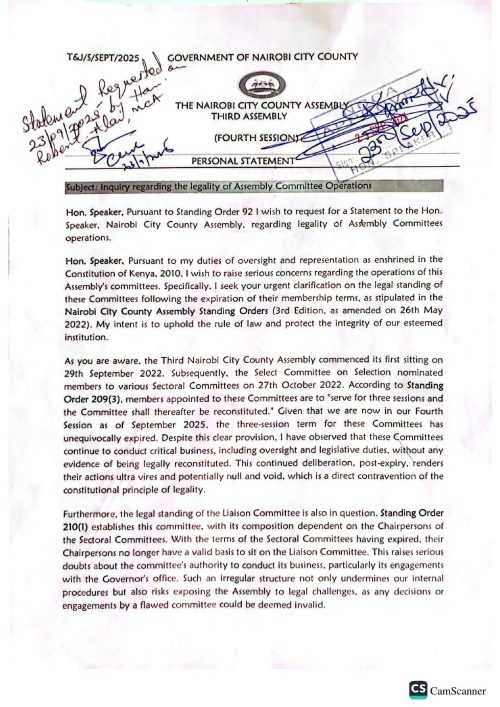 Statement of Kileleshwa MCA Robert Alai questioning Nairobi County Assembly legality. PHOTO/@RobertAlai/X