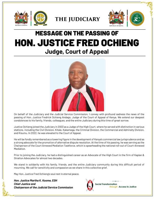 Statement of Chief Justice Martha Koome confirming the death of Court of Appeal Judge Fredrick Ochieng. PHOTO/@jsckenya/X