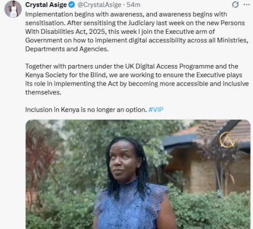 Nominated Senator Crystal Asige has renewed her push for the implementation of the Persons With Disabilities (PWD) Act 2025. PHOTO/@CrystalAsige