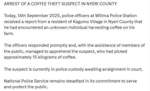 A screenshot of the statement by the police. PHOTO/@NPSOfficial_KE/X