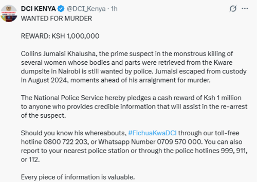 X statement of DCI offering cash reward for Kware killings person of interest whereabouts on Tuesday, September 30, 2025. PHOTO/Screen grab by People Daily Digital/@DCI_Kenya