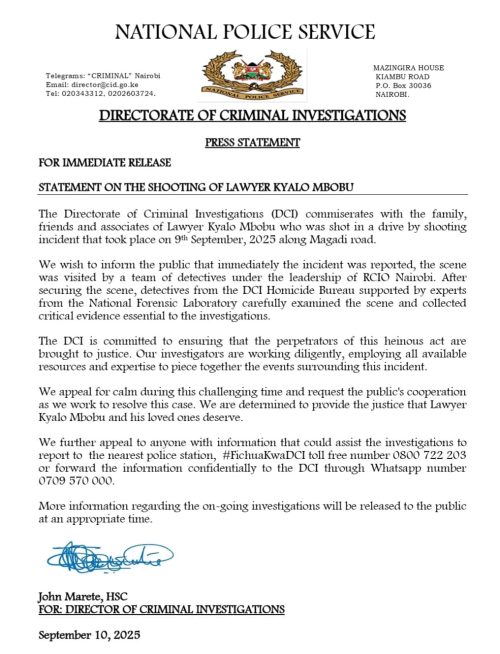 DCI's statement on the fatal shooting of lawyer Kyalo Mbobu along Magadi Road. PHOTO/@DCI_Kenya