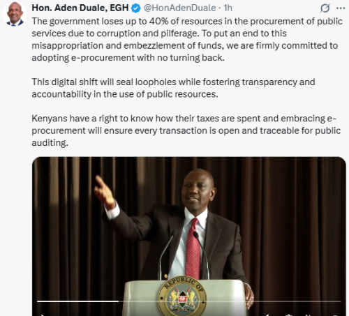 Health CS Aden Duale has backed the e-procurement system, saying it will end corruption in government. PHOTO, Screen grab by People Daily/@HonAdenDuale/X