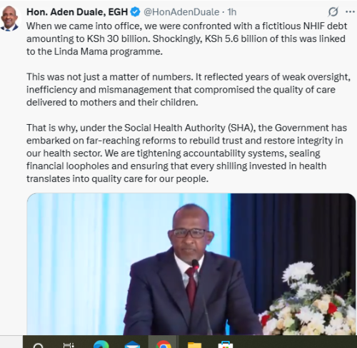 Health CS Aden Duale stating the current government is dealing with a massive debt in Linda Mama Program under the former government while in Kajiado on Tuesday, September 30, 2025. PHOTO/Screen grab by People Daily Daily/@HonAdenDuale/X