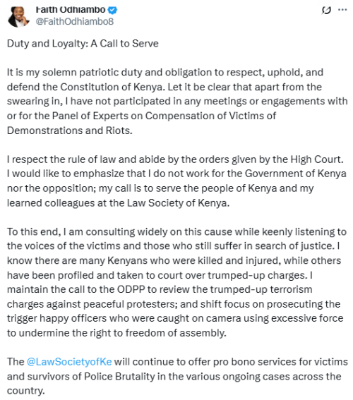 A screenshot of the statement by LSK President Faith Odhiambo. PHOTO/@FaithOdhiambo8/X