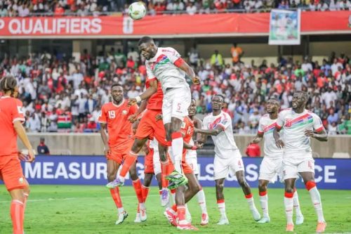 Harambee Stars players in action against Gambia in the 2026 FIFA World Cup Qualifiers at Kasarani Stadium on Friday, September 5, 2025. PHOTO/https://www.facebook.com/100063913291982/posts/pfbid02ZY1d92h87ngqZvK31h8rnEq4M8iaqQSiEuBnMCF4oVRY9ywLwDB66ugHR1AuCnDgl/?app=fbl