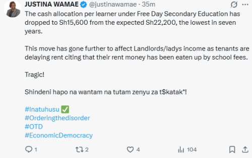 Justina Wamae's statement on delayed school capitaton. Photo/Screen grab by People Daily Digital/@justinawamae/X