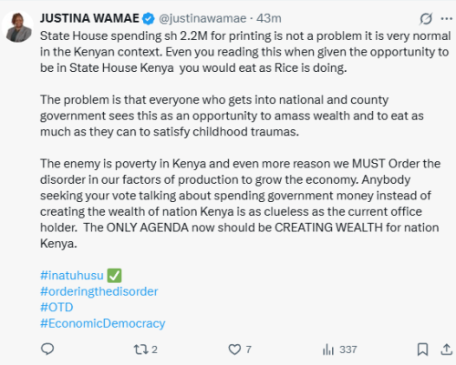 Justina Wamae has weighed in on the ongoing debate surrounding extravagant government spending, particularly revelations of high expenditures at State House. PHOTO/@justinawamae