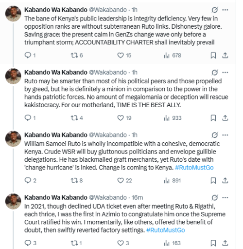 A screenshot of the statement by Kabando wa Kabando. PHOTO/@Wakabando/X