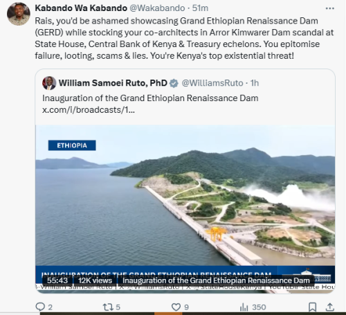 Former Mukurweini Member of Parliament Kabando Wa Kabando has fired back at President William Ruto moments after the Head of State shared the inauguration of the Grand Ethiopian Dam in Addis Ababa on Tuesday, September 9, 2025. Photo/Screen grab/@wakabando/X.com