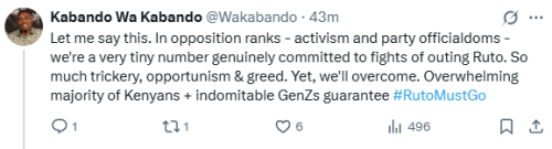 X statement of Kabando Wa Kabando admiting obstacles in unseating President William Ruro on Wednesday, September 23, 2025. PHOTO/ Screen grab by People Daily Digital/@Wakabando/X