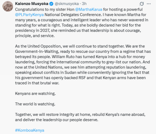 X statement of Wiper Party leader Kalonzo Musyoka praising Martha Karua amid her presidential ambitions on Friday, September 26, 2025. PHOTO/Screen grab by People Daily/?skmusyoka?X