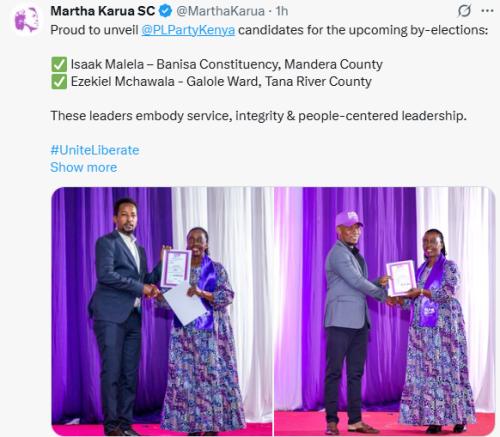 X statement of PLP leader Martha Karua unveiling party candidates for the November by-elections on Friday, September 26, 2025. PHOTO/Screen grab by People Daily Digital/@MarthaKarua/X