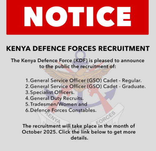 A notice by the Kenya Defence Forces on the impending recruitment drive. PHOTO/@kdfinfo/X