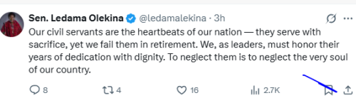 X statement of Narok Senator Ledama Olekina calling for civil servants' recognition on Tuesday, September 30, 2025. PHOTO/Screen grab by People Daily Digital/@ledamalekina/X