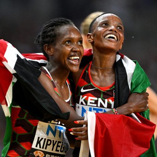 Double Olympic champion Beatrice Chebet and defending champion Faith Kipyegon celebrating their victory in a past competition. PHOTO/@World Athletics/X