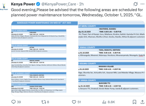 X notice of KPLC on scheduled maintenance released on Tuesday, September 30, 2025. PHOTO/@KenyaPower_Care/X