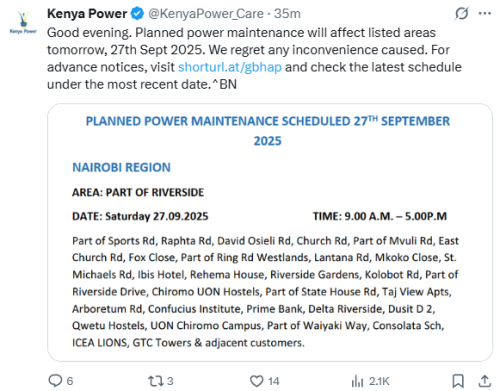 X statement of KPLC announcing power outages in parts of Riverside on Saturday, September 27, 2025. PHOTO/Screen grab by People Daily Digital/@KenyaPower_Care/X
