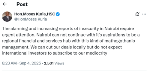 A screenshot of a statement by Moses Kuria on the recent spate of muggings within Nairobi CBD. PHOTO/@HonMoses_Kuria/X