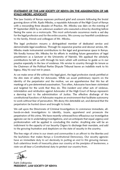 A statement by the LSK president, Faith Odhiambo, on the murder of lawyer Kyalo Mbobu. PHOTO/@FaithOdhiambo8/X