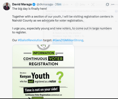 X statement of former Chief Justice David Maraga calling for mass turnout as continuous voter registration kicks off. PHOTO/Screen grab by People Daily Digital/@dkmaraga/X