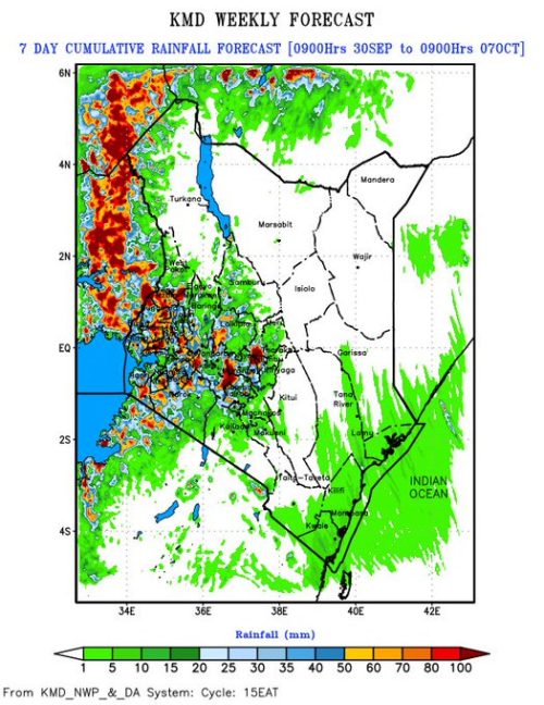 Weather forecast for the first week of October, 2025 as released by the Kenya Meteorological Department on Tuesday, September 30, 2025. PHOTO/@MeteoKenya