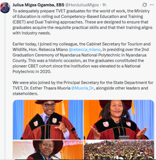 Statement of CS Education Julius Migos announcing that the Ministry of Education is rolling out Competency-Based Education and Training (CBET) and Dual Training approaches for TVET graduates on Friday, September 19, 2025 in Nyandarua County. PHOTO/Screen grab by People Daily Digital,@HonJuliusMigos/X
