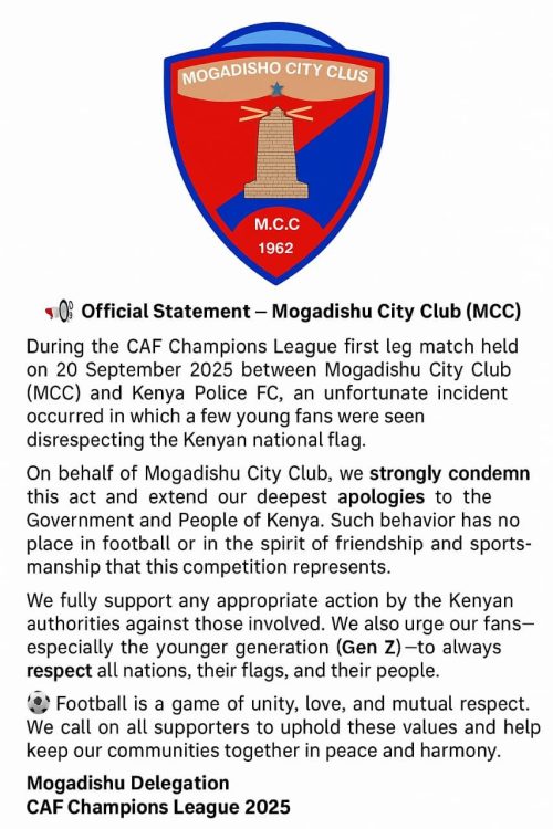 Official statement of Mogadishu City Club offering an apology following disrespect to Kenyan flag by club fans on Wednesday, September 24, 2025. PHOTO/Mogadishu City Club
