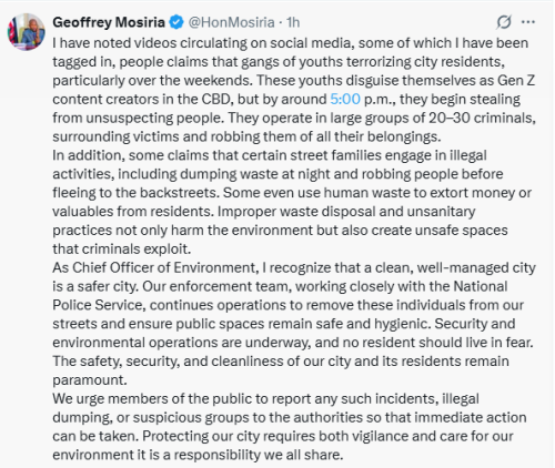 Nairobi County Environment Chief Officer Geoffrey Mosisria has warned criminal gangs terrorising city residents in the guise of contet creation.