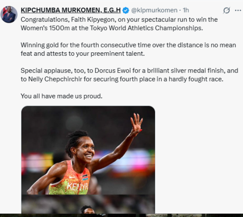 Interior CS Kipchumba Murkomen praised Faith Kipyegon after winning her 4th 1500m World Championships title in Tokyo on Tuesday, September 16, 2025. PHOTO/Screen grab by People Daily Digital/@kipchumbamurkomen/X