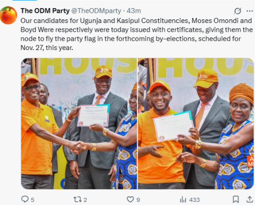 A statement of ODM Party issuing nomination certificates to by-election candidates Moses Omondi and Boyd Were on Tuesday, September 30, 2025. PHOTO/Screen grab by People Daily Digital/@TheODMparty/X