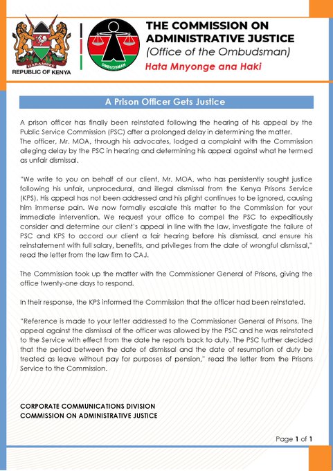 Statement of the Ombudsman Kenya confirming justice for the prison officer. Photo/@KenyasOmbudsman/V