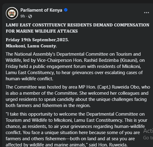 Statement of the Parliament of Lamu East residents calling for compensation over wildlife attacks on Friday, September 19, 2025. PHOTO/https://www.facebook.com/100064733196911/posts/pfbid02AH4E19Mqr6qYwDGatN2zhxJgMSqyepBtGNW12DW855KNv1TUe1xFodi28SCtcWZ8l/?app=fbl