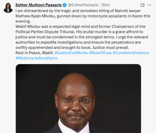 Esther Passaris' message on lawyer Matthew Kyalo Mbobu murder. PHOTO/ A screengrab by People Daily Digital by @EstherPassaris